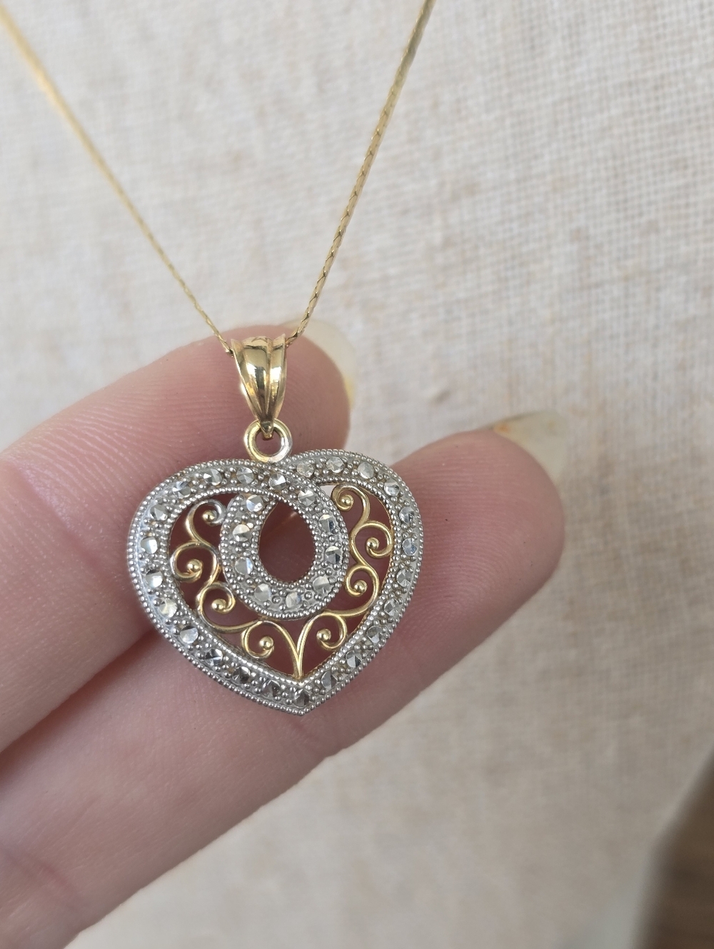 14K Yellow & White Gold Diamond Cut Filigree Heart Pendant Necklace